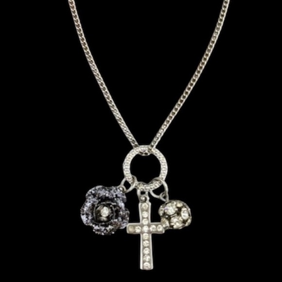 Vintage Jewelry - Vintage Cross Necklace Enamel Flower Beaded Ball Crystal Charms Silver Chain
